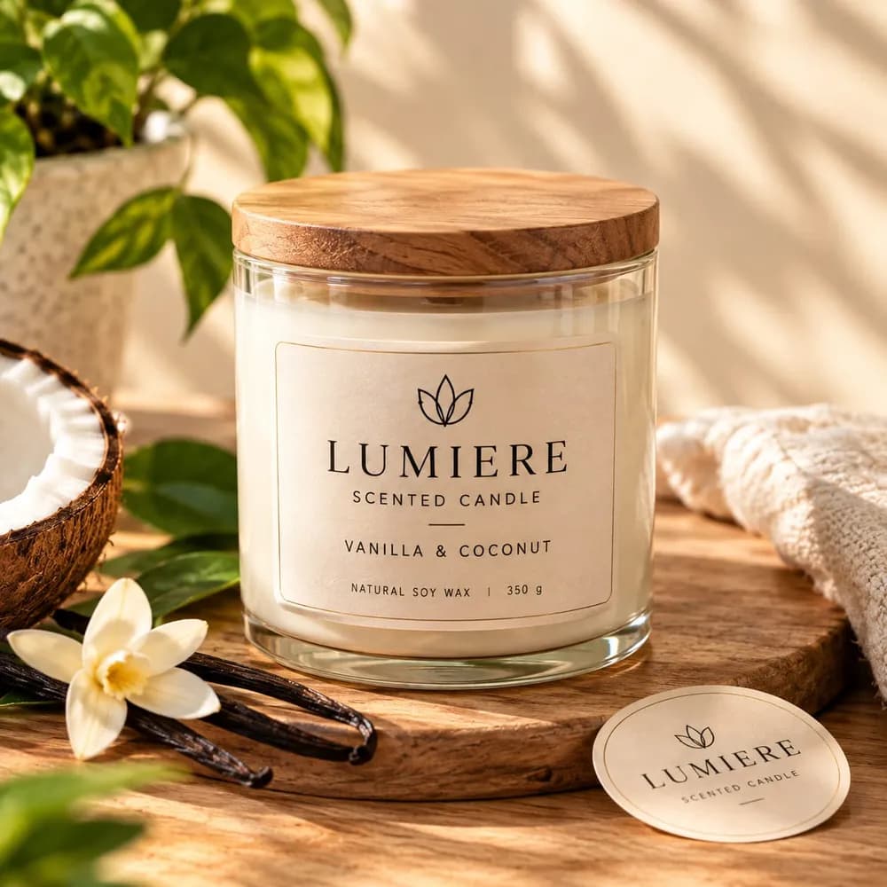A scented candle jar with a clean wrap label, next to a round matching sticker