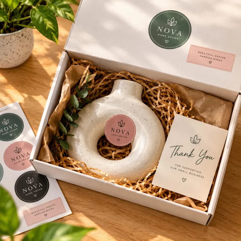 A home-decor piece in a white box with a round logo sticker on the lid