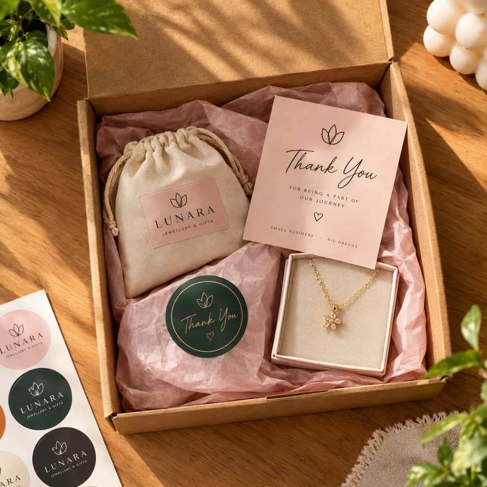 A jewellery gift box with a pouch, necklace and a round logo sticker on the tissue