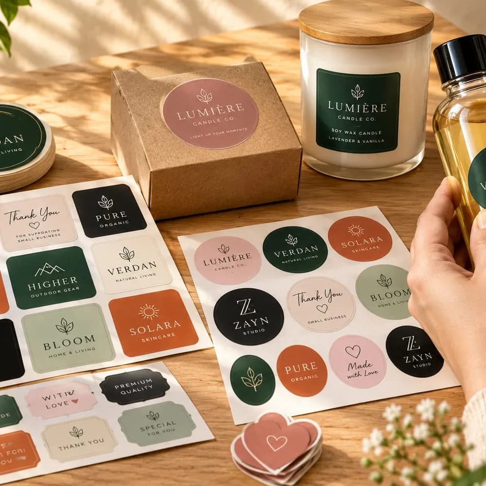 Hands applying a label to a bottle beside sheets of printed logo stickers