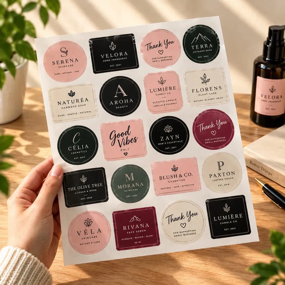 Hands holding an A4 sheet of small-business logo stickers