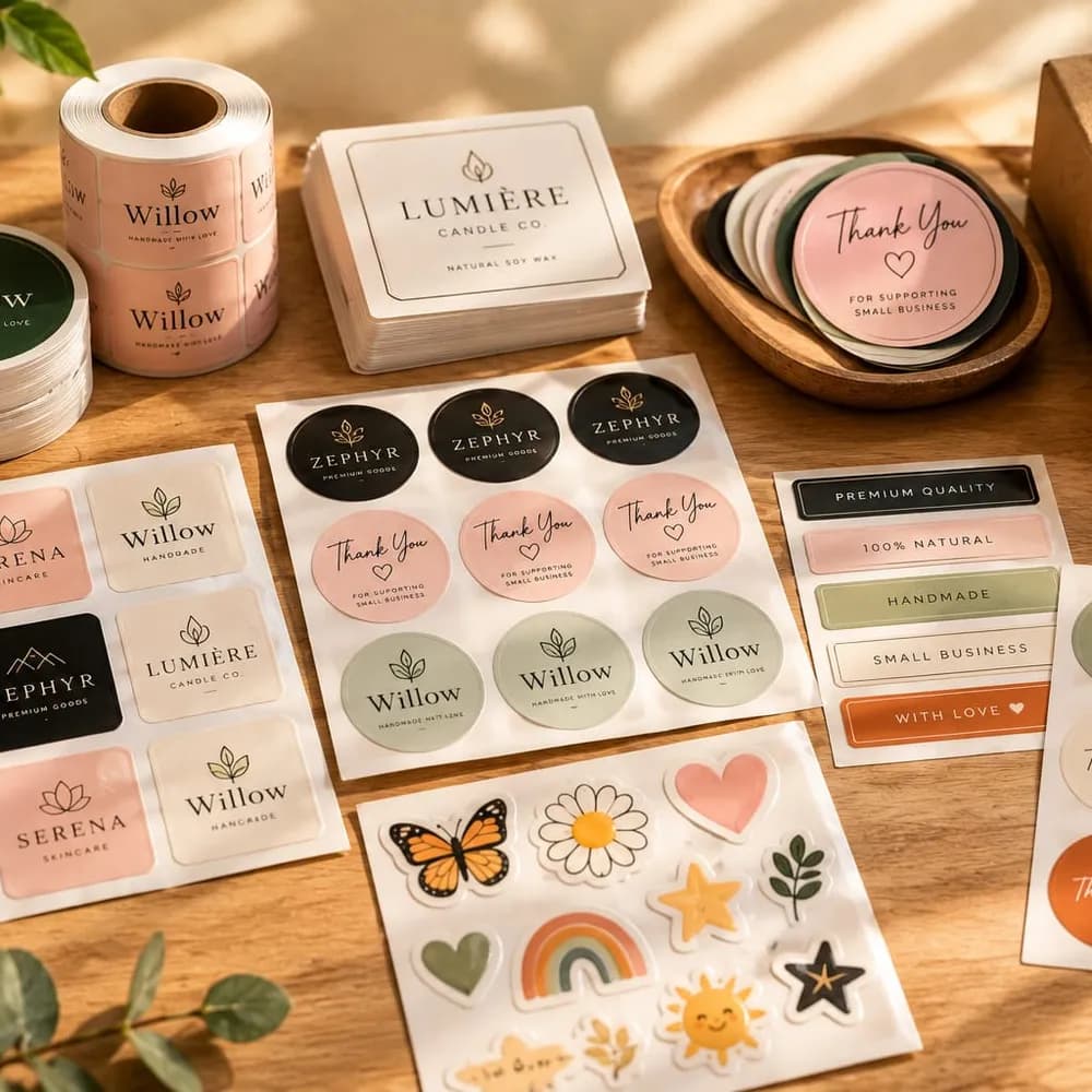 Printed sticker sheets and a roll of thank-you stickers on a wooden table