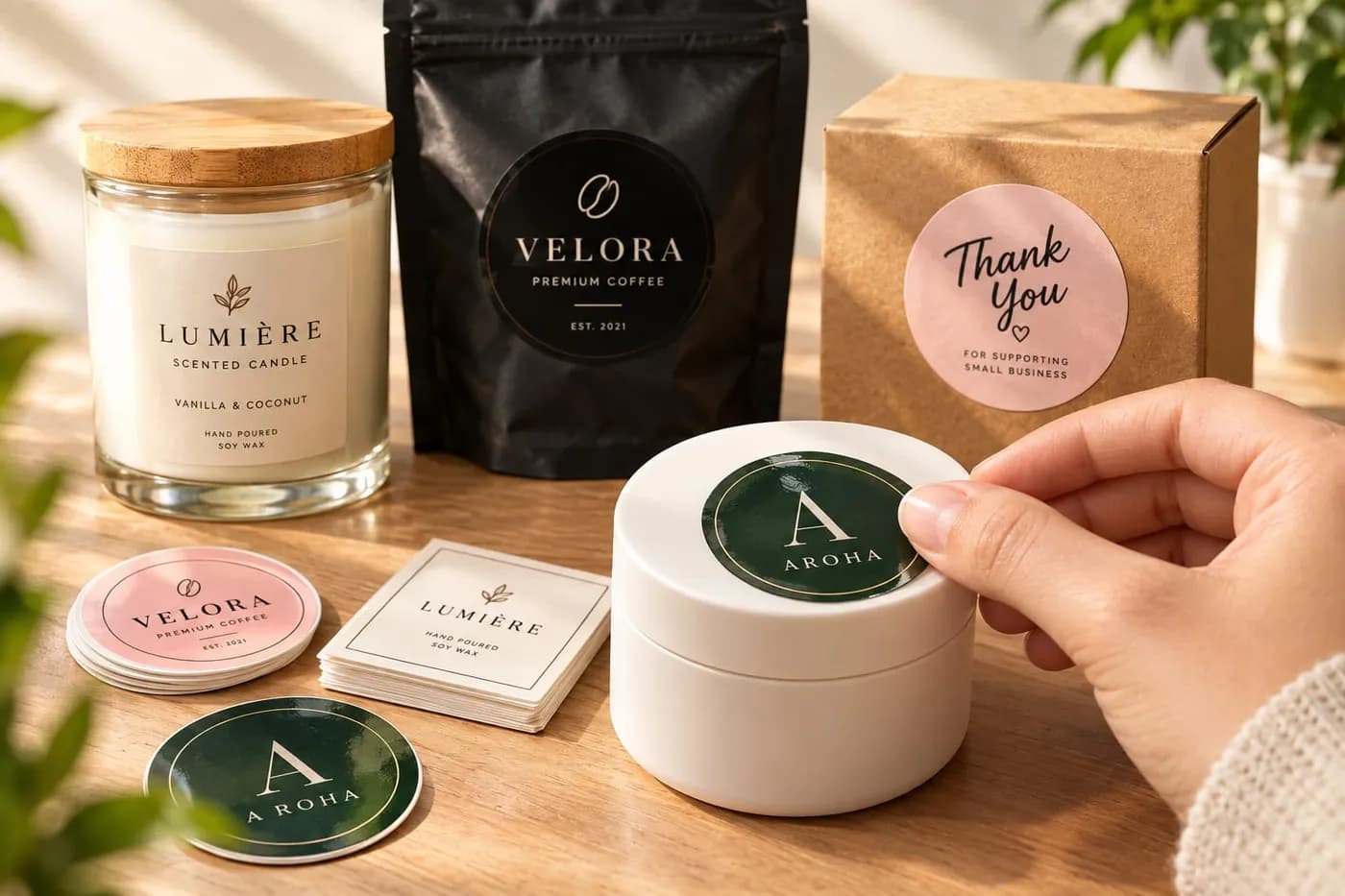 A hand pressing a round logo sticker onto a cosmetic jar, with a candle, coffee pouch and kraft box behind