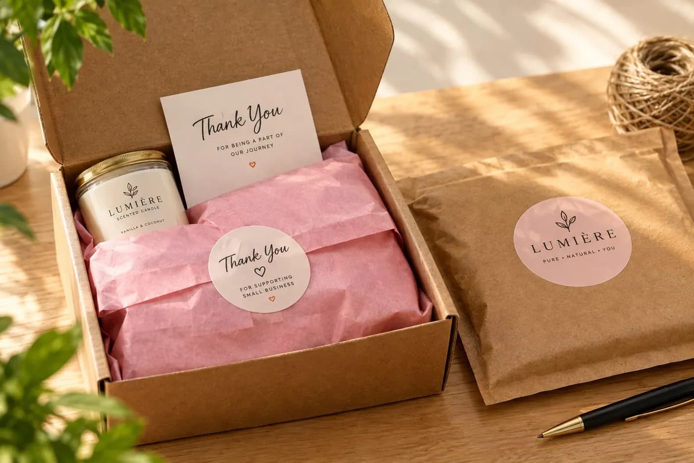 An open kraft shipping box with pink tissue paper sealed by a round thank-you sticker
