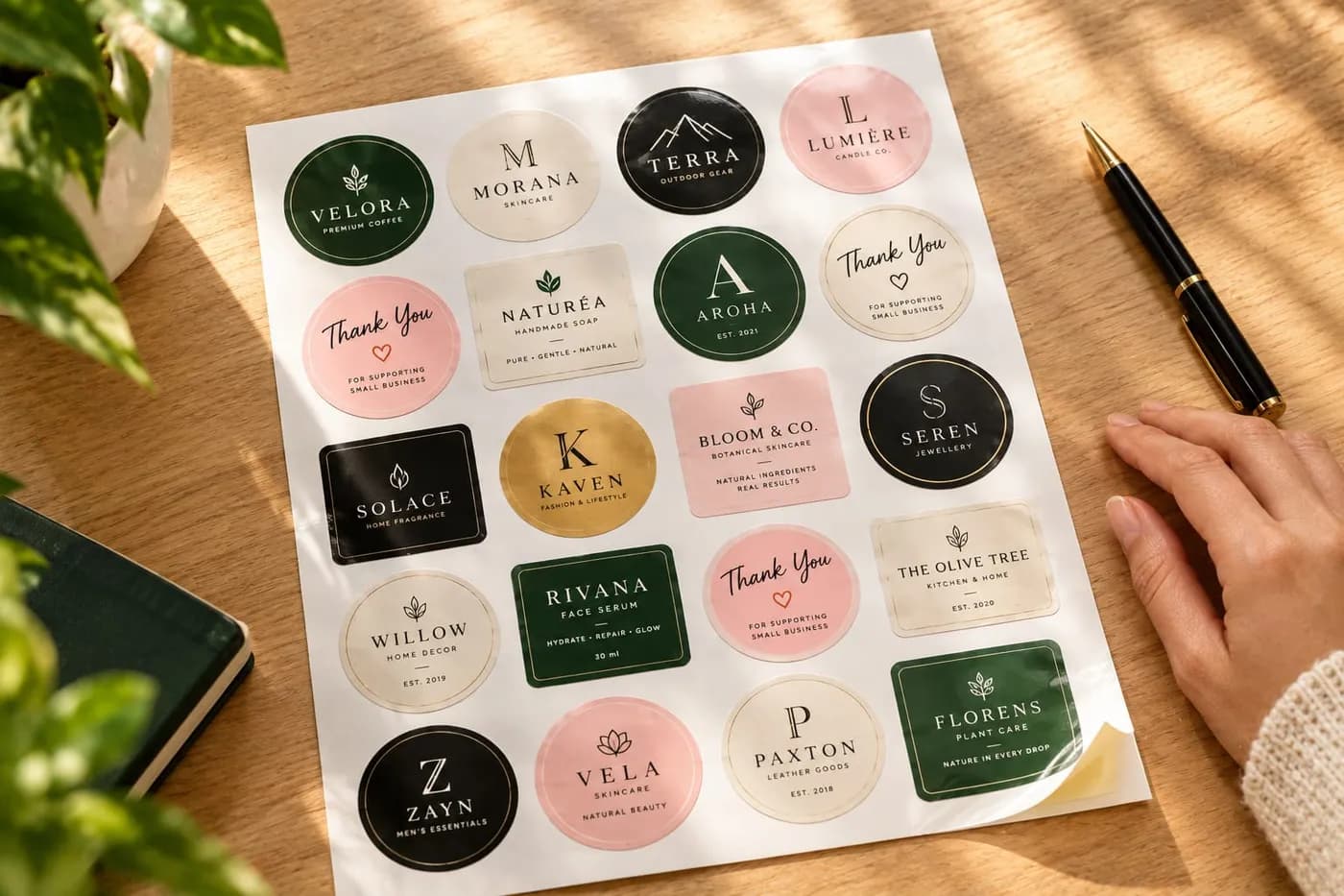 An A4 sheet of small-business logo stickers held in both hands