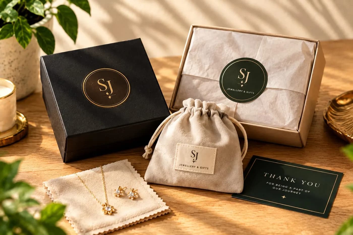 A black jewellery box, a pouch and a gift box with gold monogram seal stickers