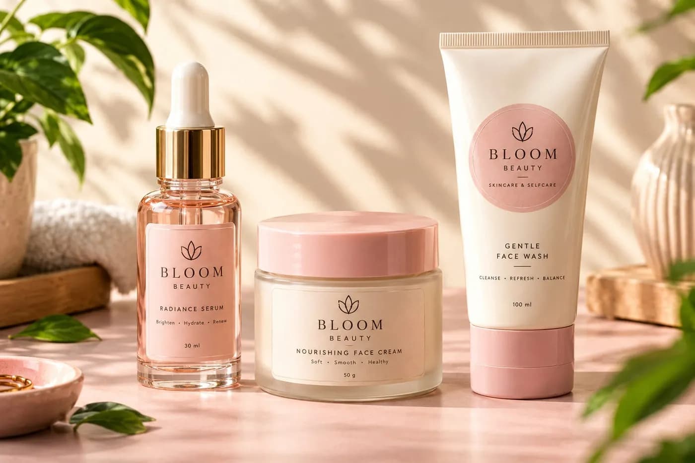 A serum dropper, cream jar and tube with pink beauty-brand labels