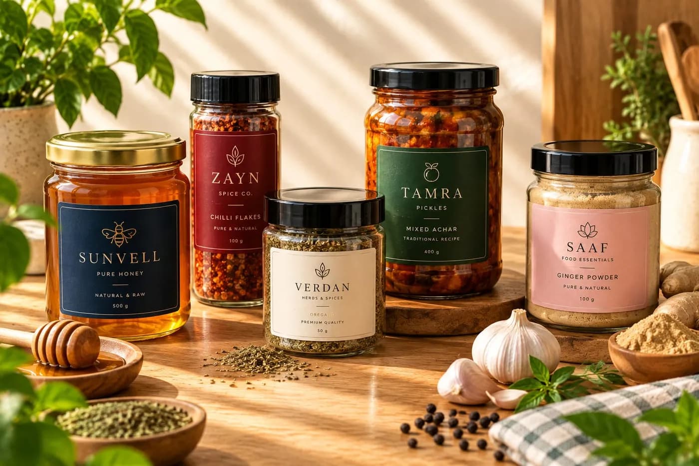 Honey, spice and achar jars with clean brand labels