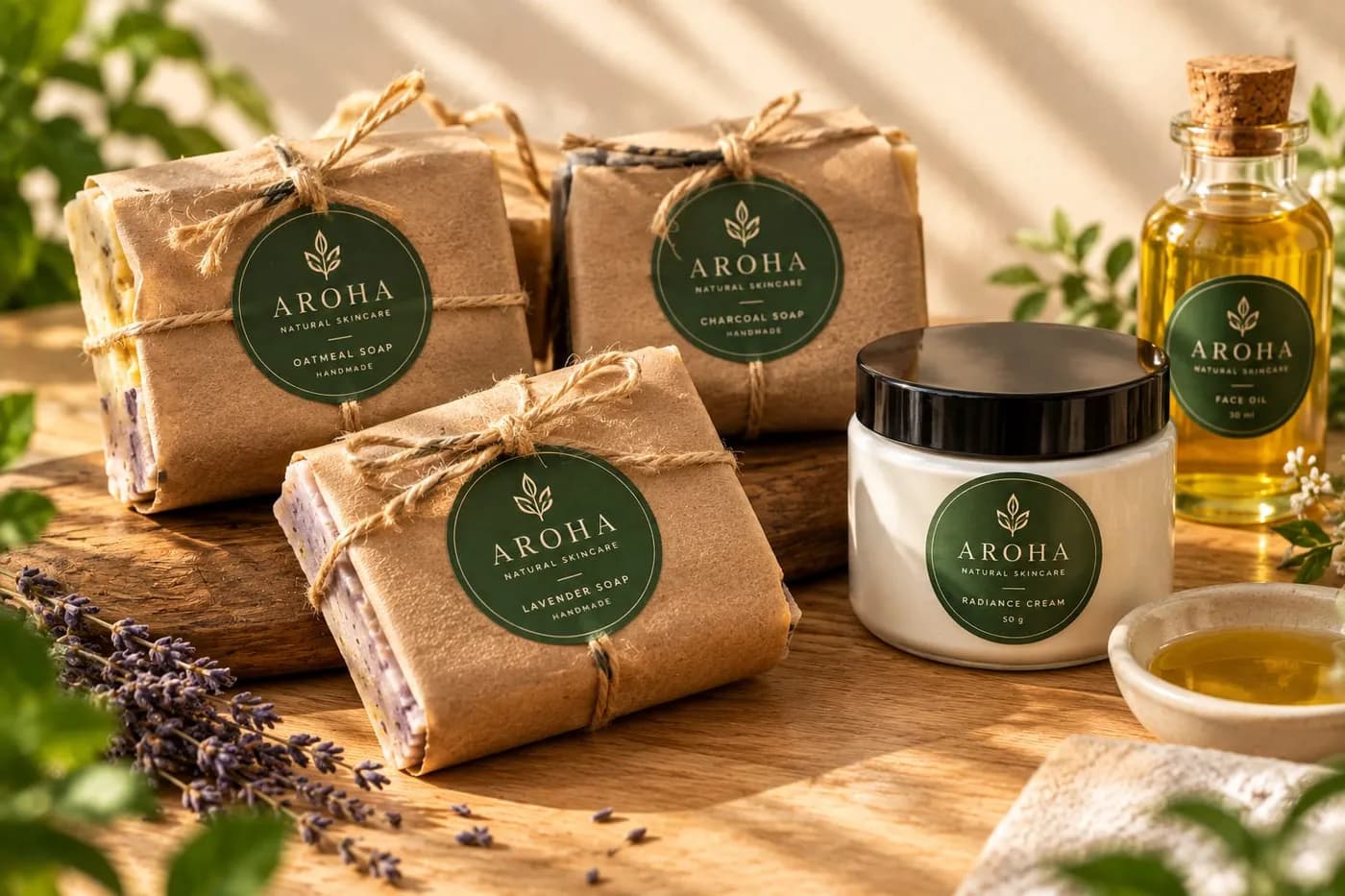 Handmade soap bars wrapped in kraft paper and sealed with round green logo stickers