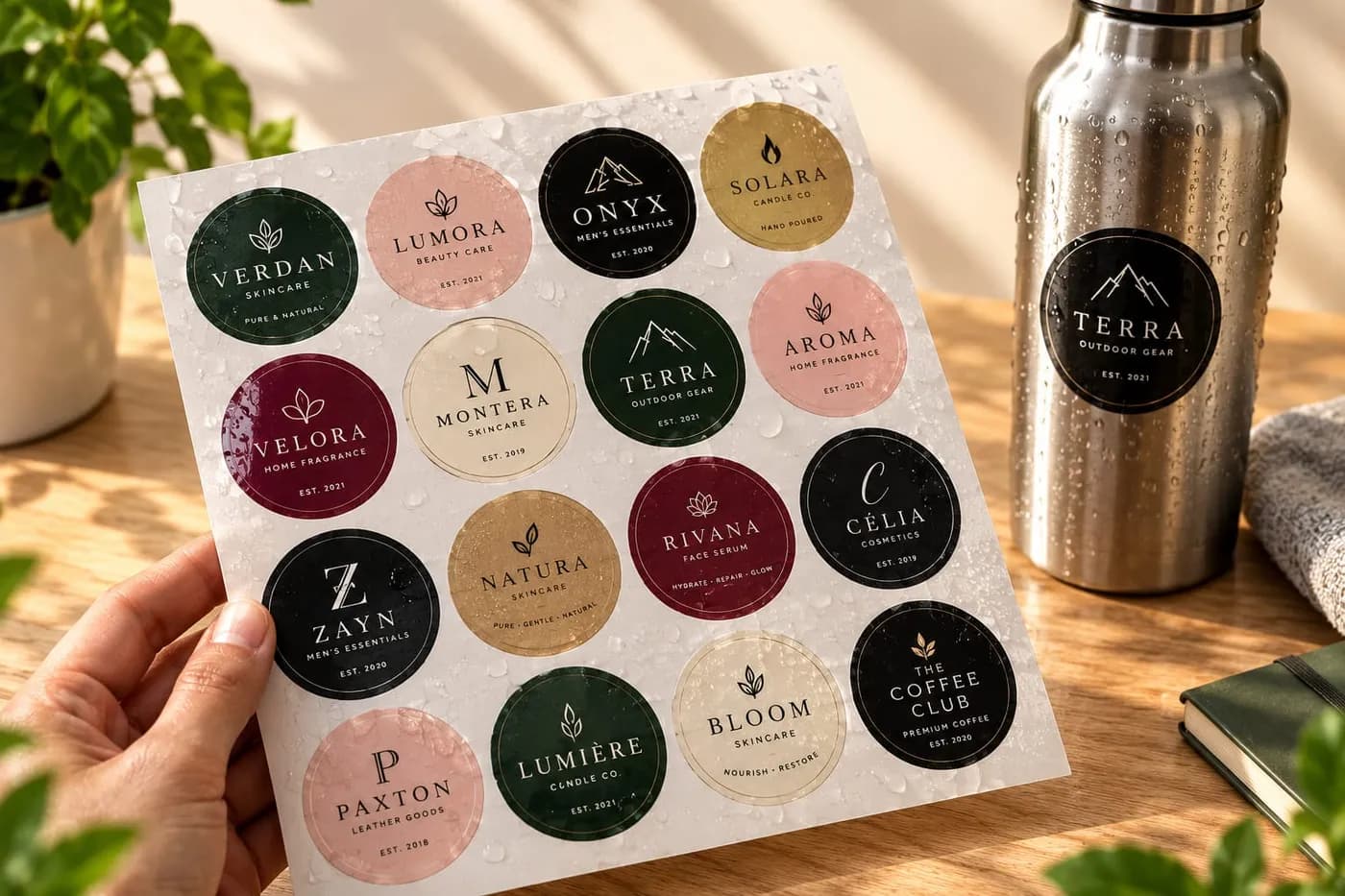 A laminated glossy sticker sheet of brand logos with water droplets on it, beside a steel bottle