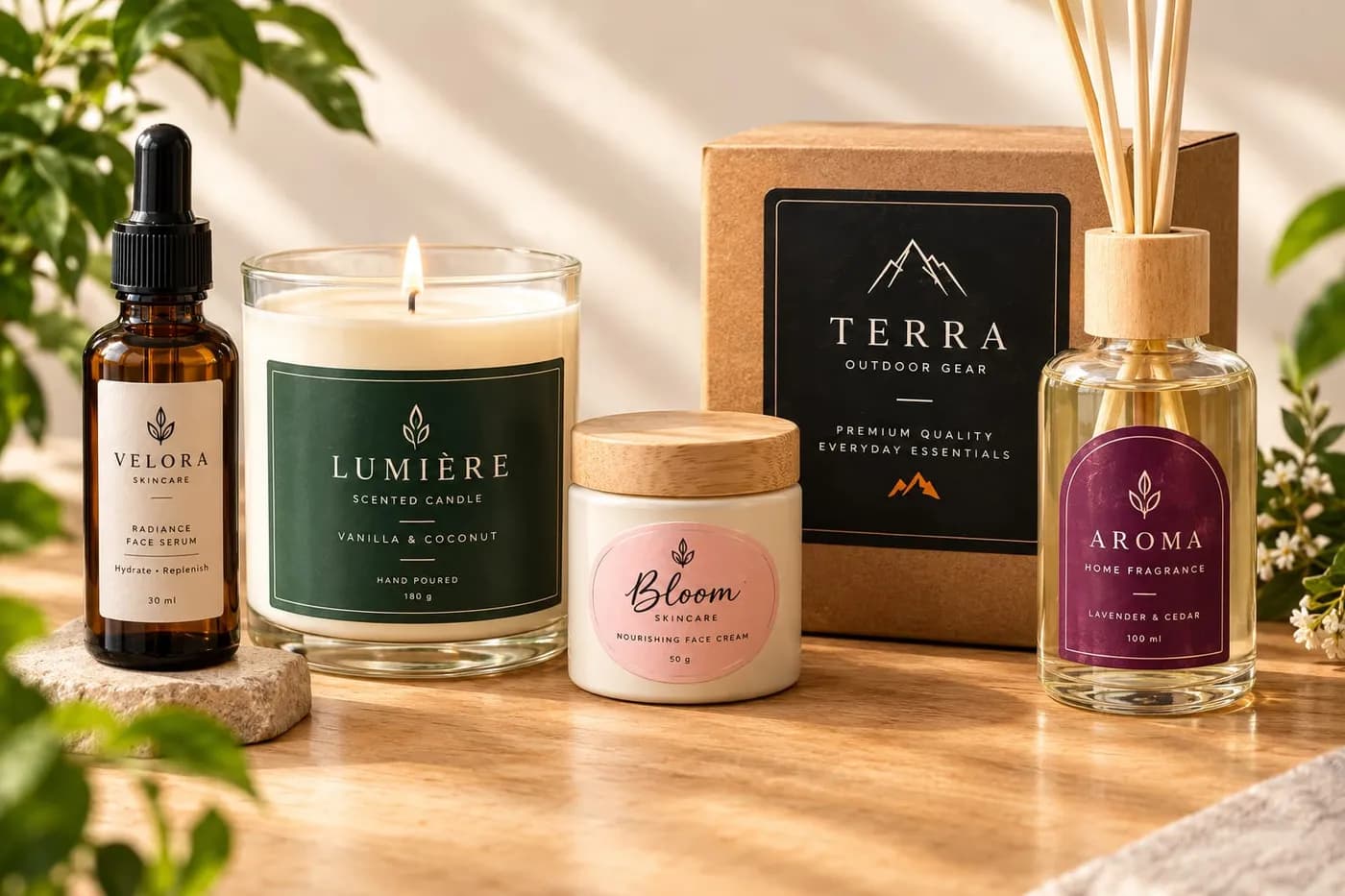 Bottles, a candle jar, a diffuser and a box with custom labels in different sizes and shapes