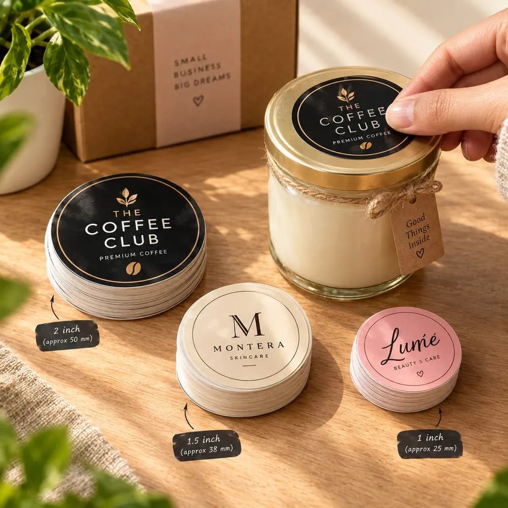 Stacks of round business stickers in three sizes next to a candle jar and a coffee-brand sticker being applied