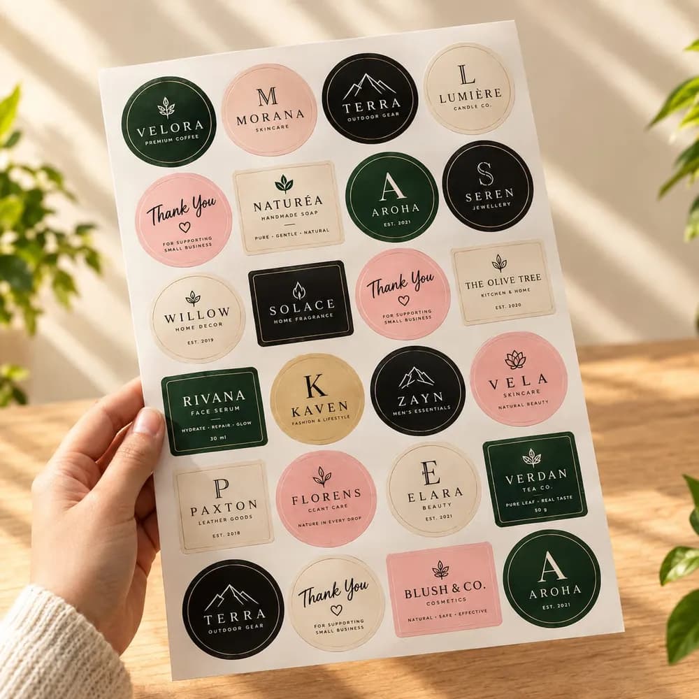 Hands holding a full A4 sticker sheet printed with small-business logo stickers