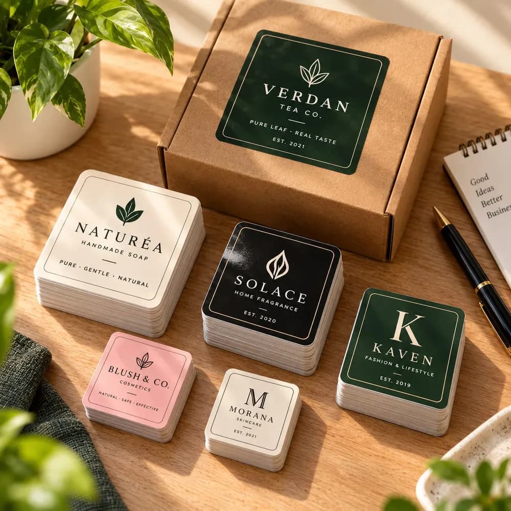 Square brand stickers in different sizes stacked on a wooden table beside a kraft box with a large square label